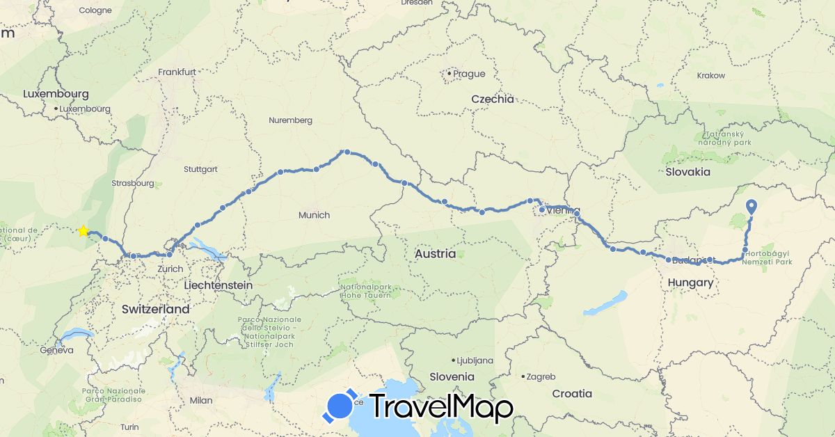 TravelMap itinerary: driving, cycling in Austria, Switzerland, Germany, France, Hungary, Slovakia (Europe)